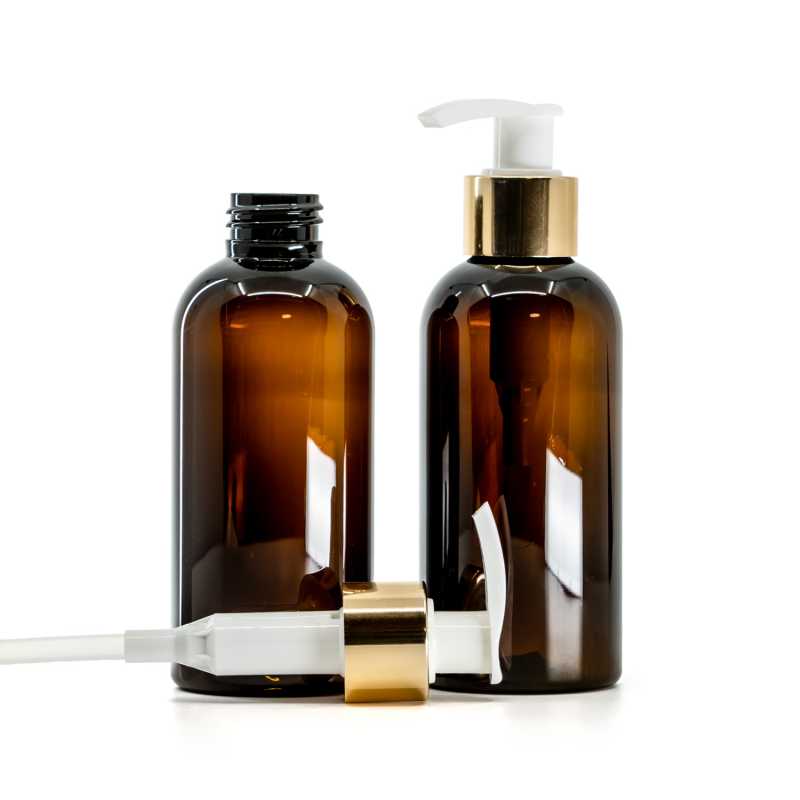 Bottiglia di plastica marrone, pompa lozione bianca con anello oro lucido, 150 ml