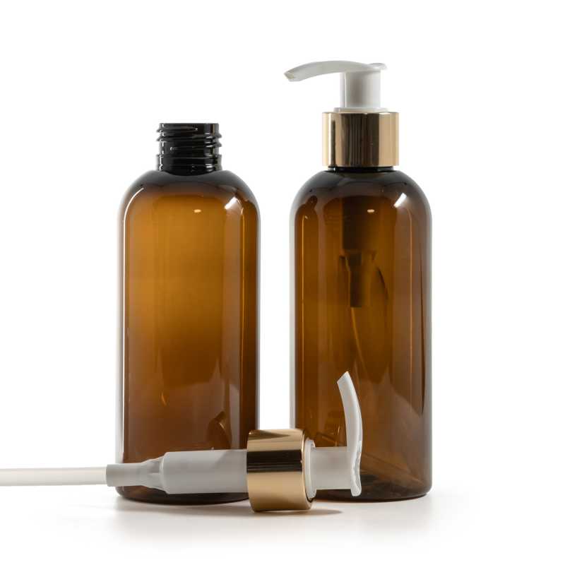 Bottiglia di plastica marrone, pompa lozione bianca con collare oro lucido, 200 ml