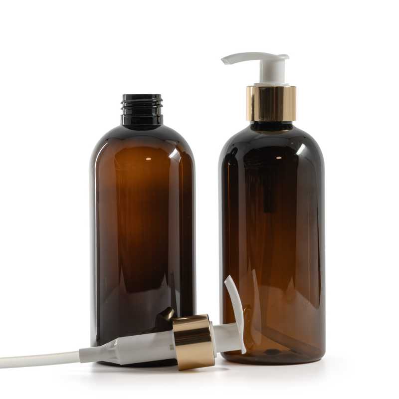 Bottiglia di plastica marrone, pompa bianca con anello dorato lucido, 300 ml