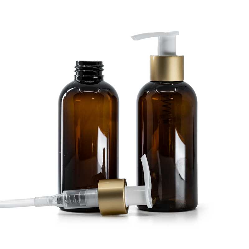 Bottiglia di plastica marrone, pompa lozione bianca con collare oro opaco, 150 ml