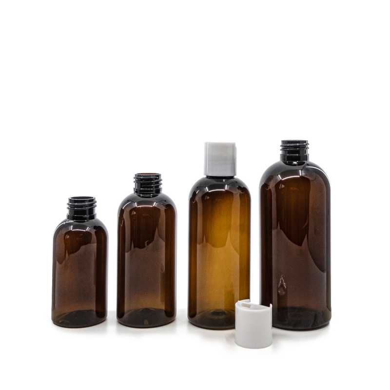 Bottiglia di plastica marrone, tappo disc-top bianco, 200 ml