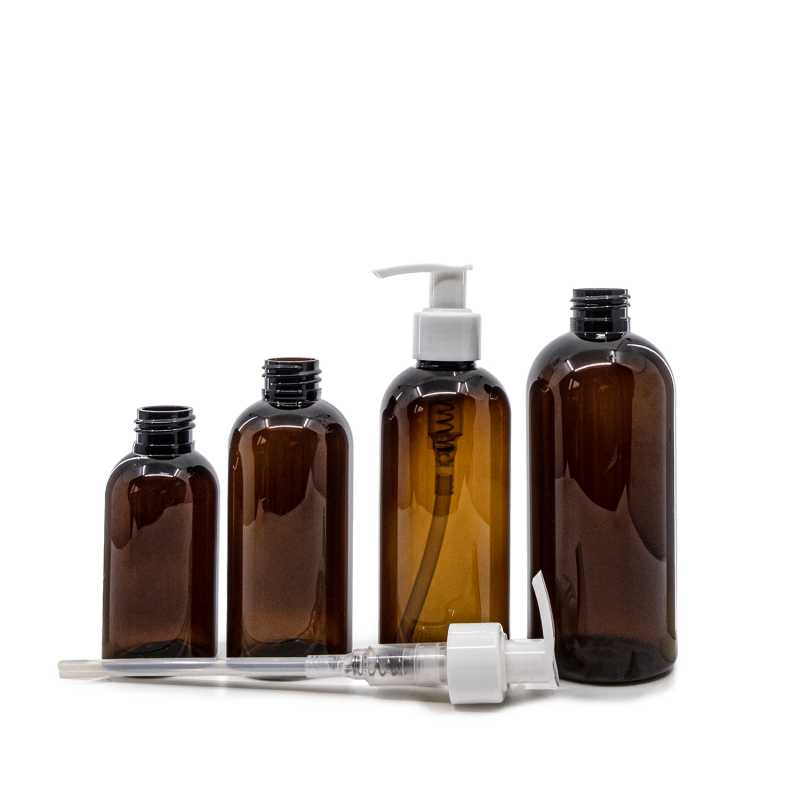 Bottiglia di plastica marrone, pompa in plastica bianca, 300 ml
