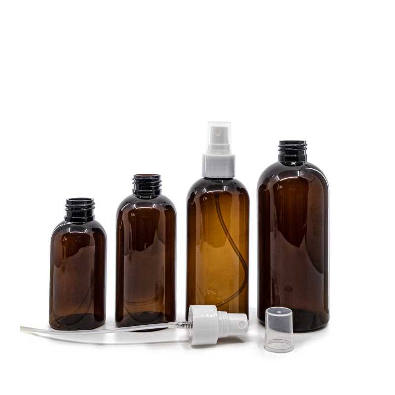Flacone di plastica marrone, spruzzatore bianco, 100 ml