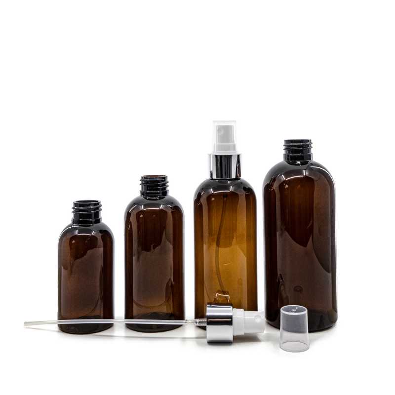Bottiglia di plastica marrone, spruzzatore bianco, anello argento lucido, 150 ml