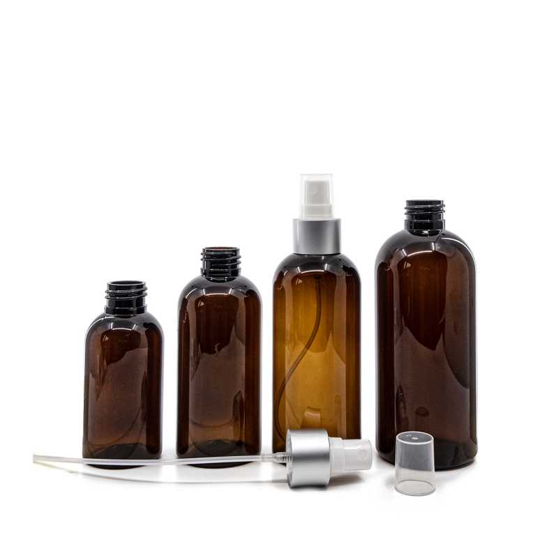 Bottiglia di plastica marrone, spruzzatore bianco, anello argento opaco, 200 ml