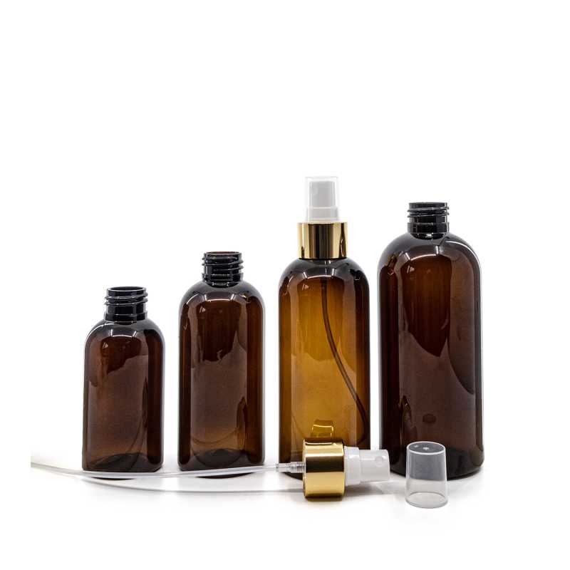 Bottiglia di plastica marrone, spruzzatore bianco, anello dorato lucido, 200 ml