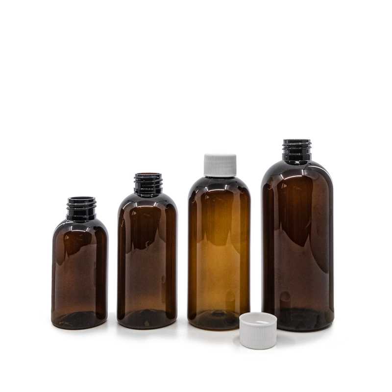 Flacone di plastica ambra, tappo bianco, 100 ml