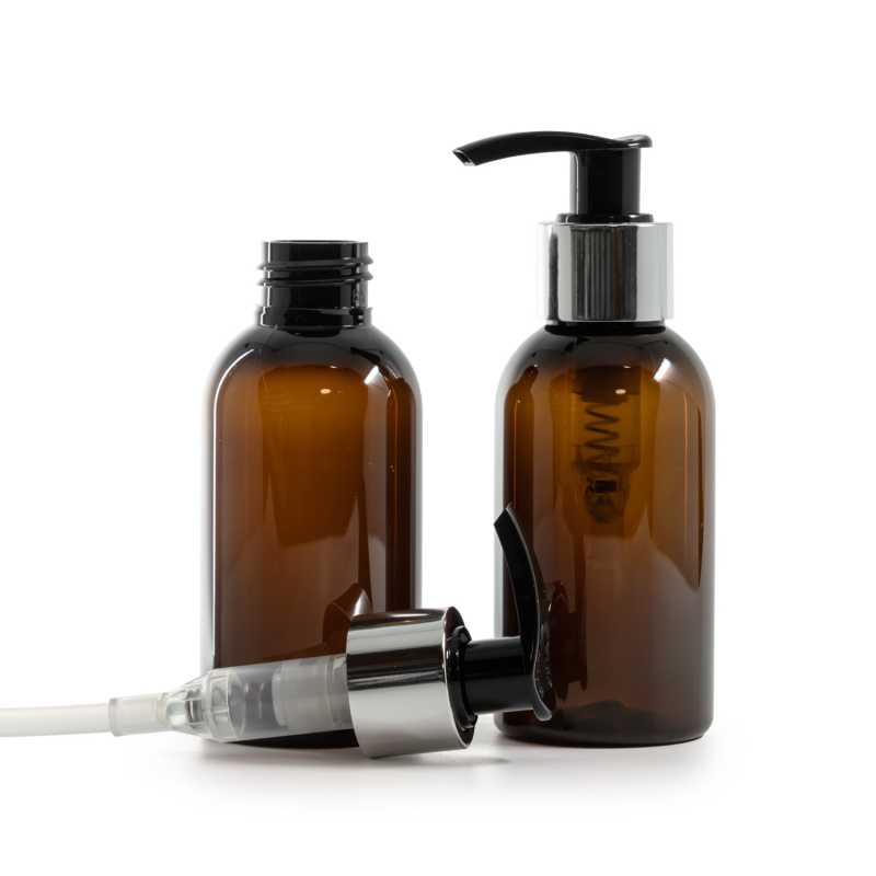 Flacone di plastica marrone, pompa lozione nera con collare argento lucido, 100 ml
