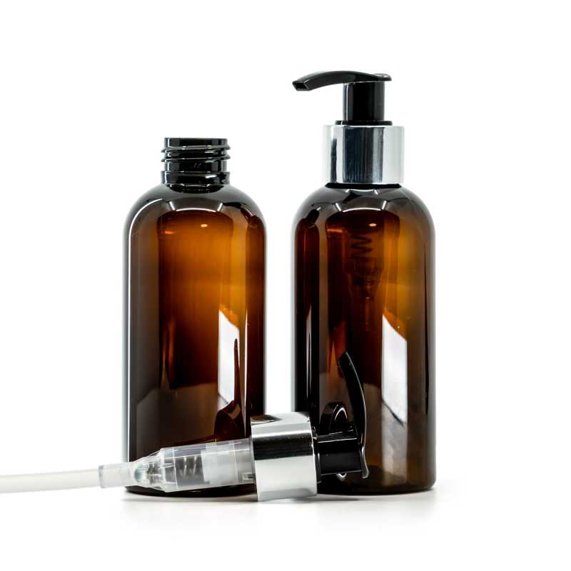 Bottiglia di plastica ambra, dosatore nero e argentato, 150 ml