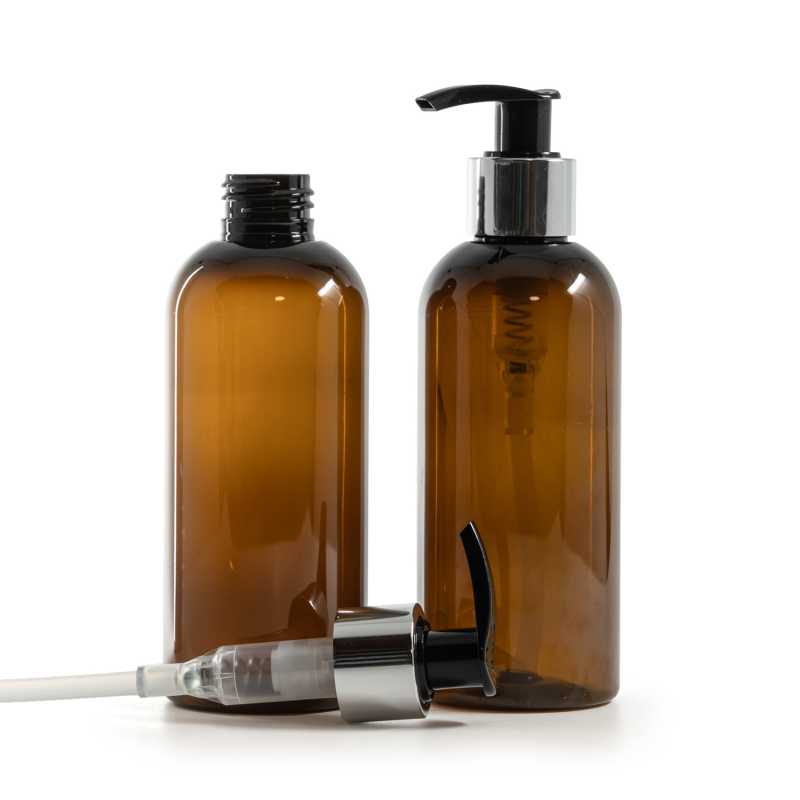Bottiglia di plastica marrone, pompa lozione nera con collare argento lucido, 200 ml