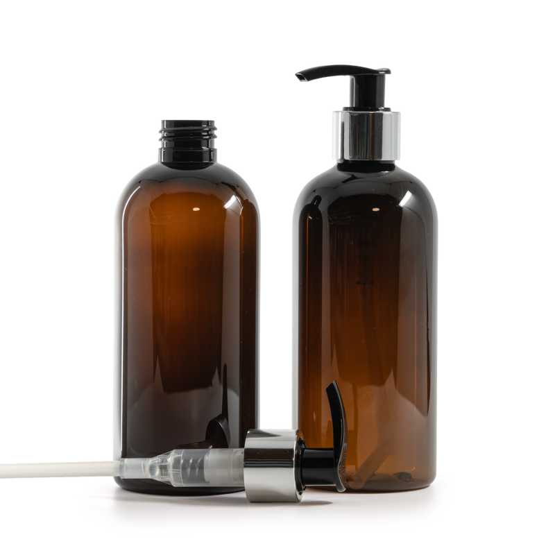 Bottiglia di plastica marrone, dosatore nero e argentato, 300 ml