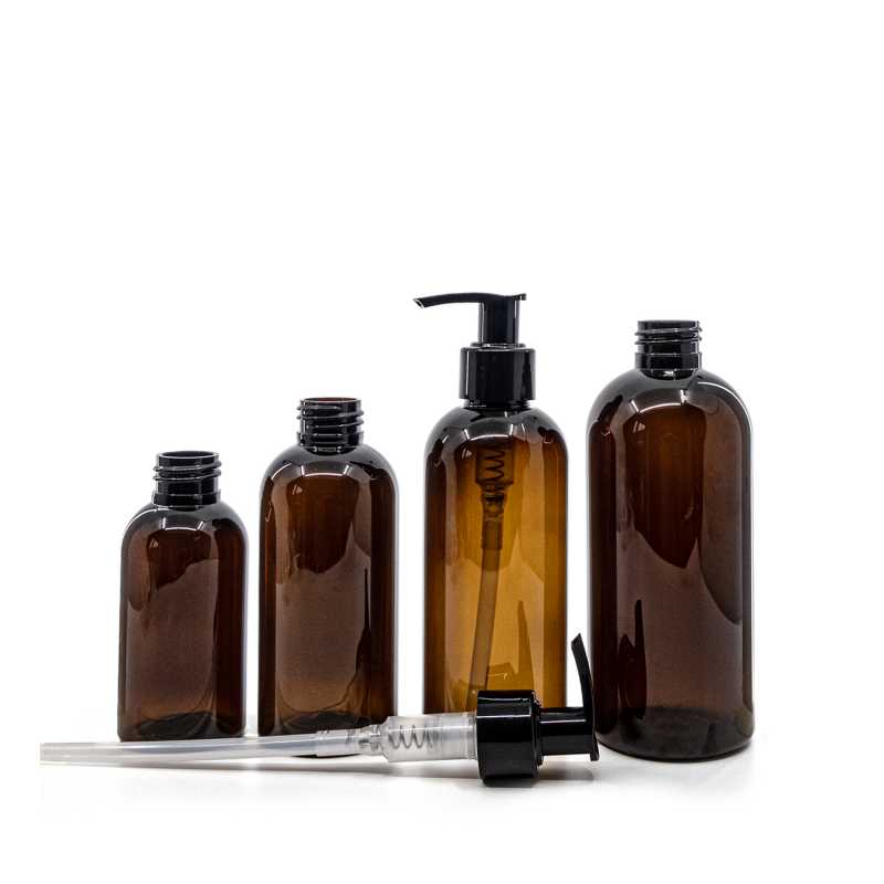 Flacone di plastica ambra, pompa nera, 100 ml