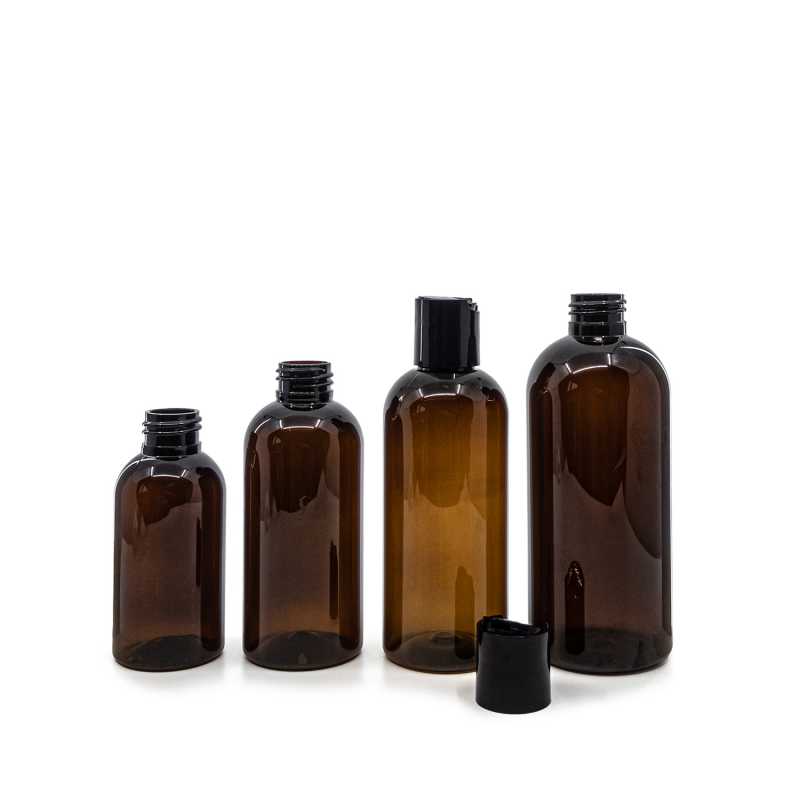 Bottiglia di plastica marrone, tappo disc-top nero, 300 ml