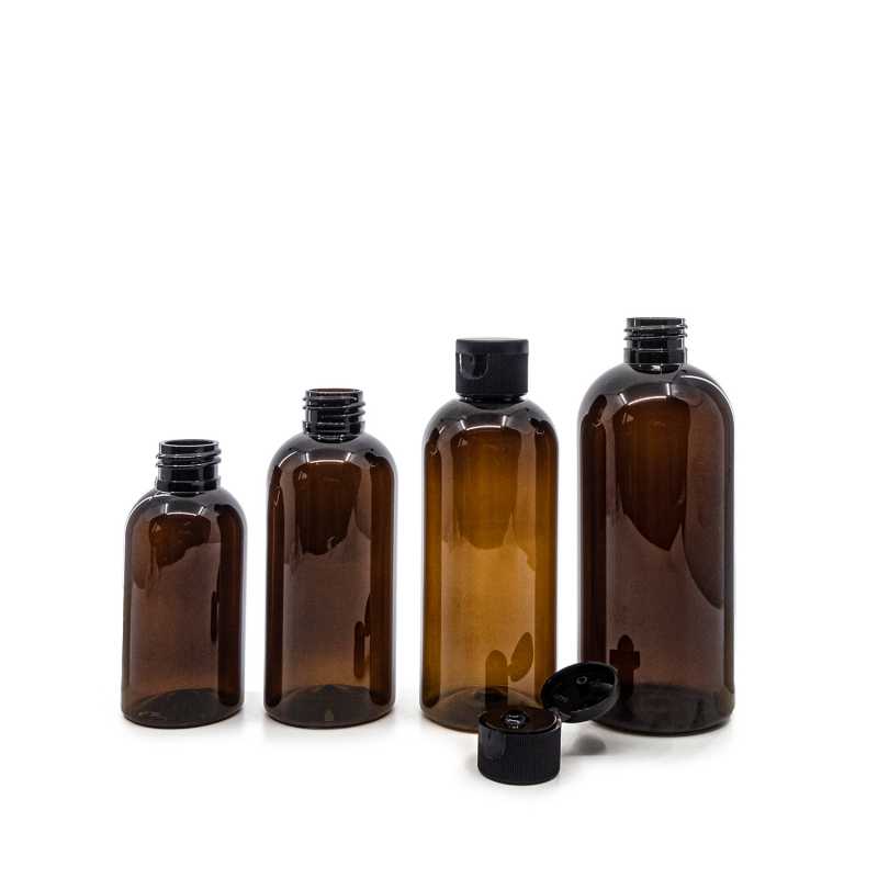 Flacone di plastica ambra, tappo flip-top nero, 100 ml
