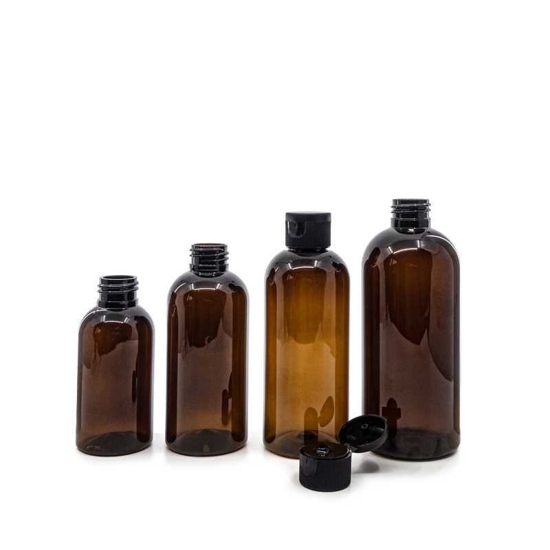 Bottiglia di plastica ambrata, tappo flip-top nero, 200 ml
