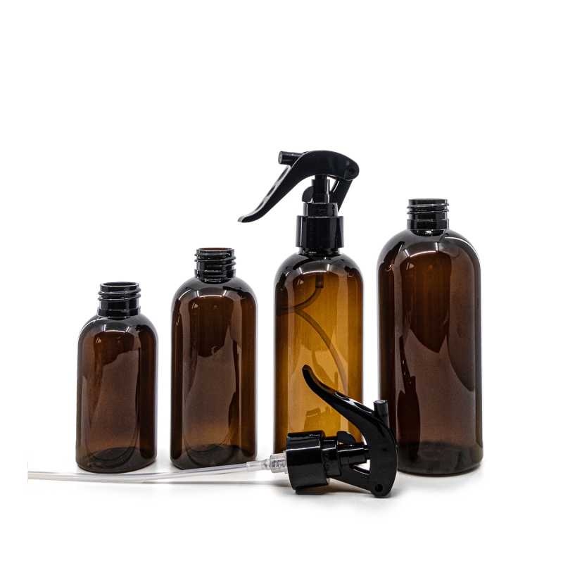 Bottiglia di plastica ambra, spruzzatore a grilletto nero, 300 ml