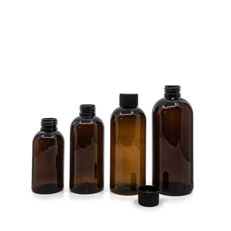 Bottiglia di plastica ambra, tappo nero zigrinato, 300 ml