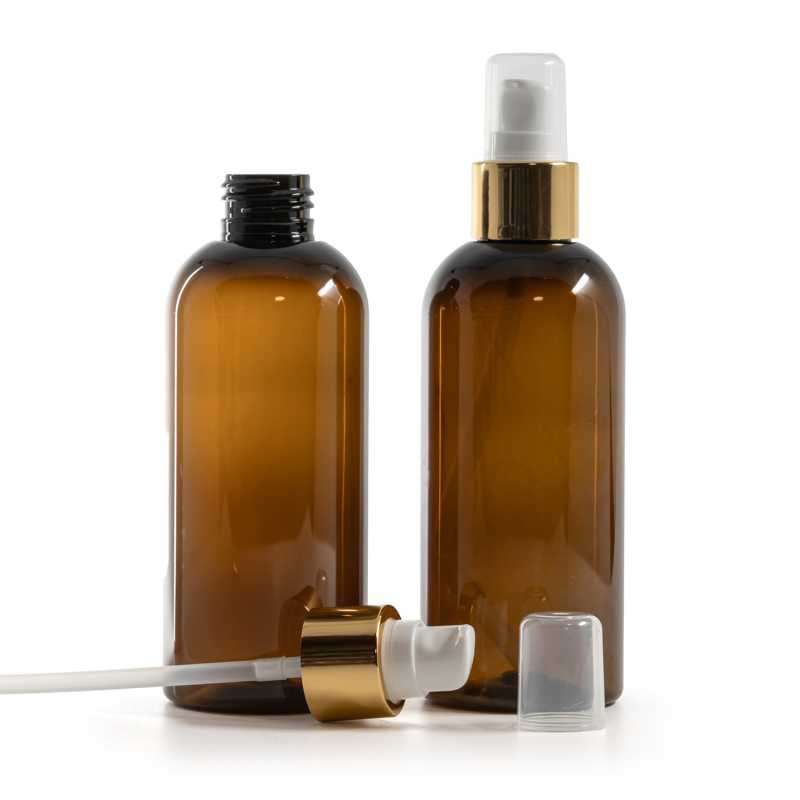 Bottiglia di plastica marrone, pompa lozione bianca con sopra-tappo oro lucido, 200 ml