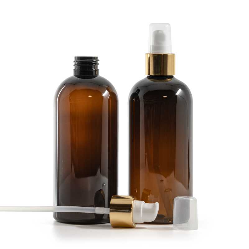 Bottiglia di plastica marrone, pompa lozione bianca con sopra-tappo oro lucido, 300 ml