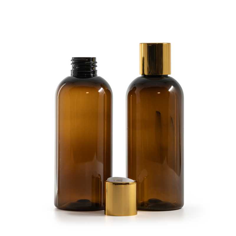 Bottiglia di plastica marrone, tappo disc-top dorato con inserto bianco, 200 ml