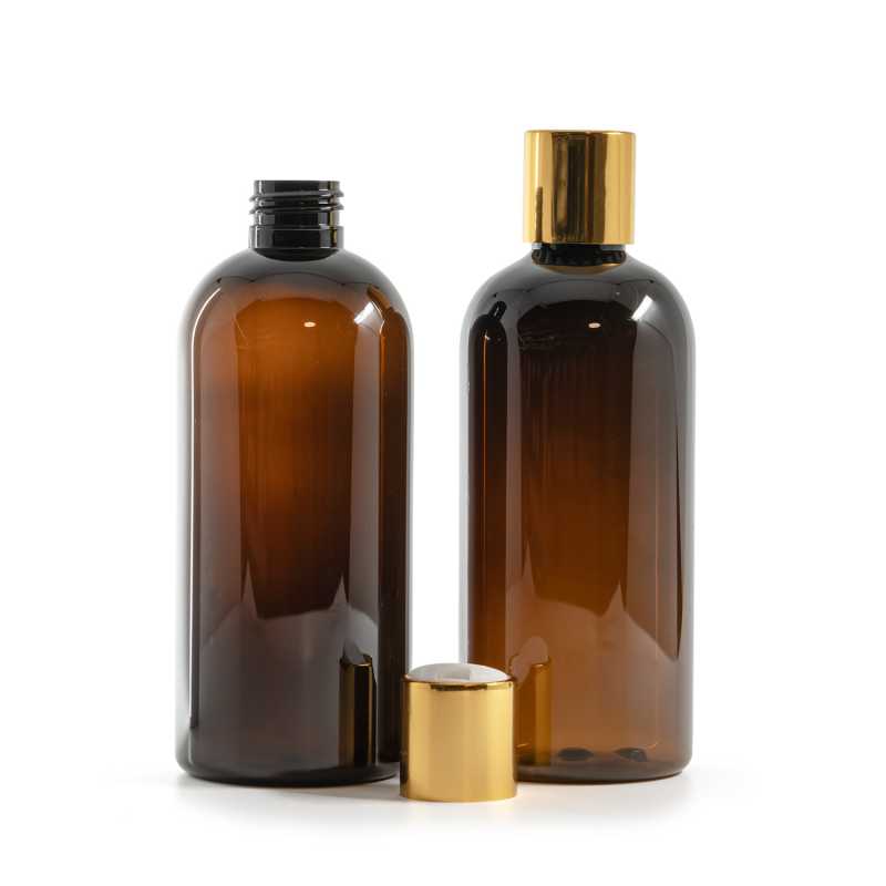 Bottiglia di plastica marrone, tappo disc-top dorato con inserto bianco, 300 ml
