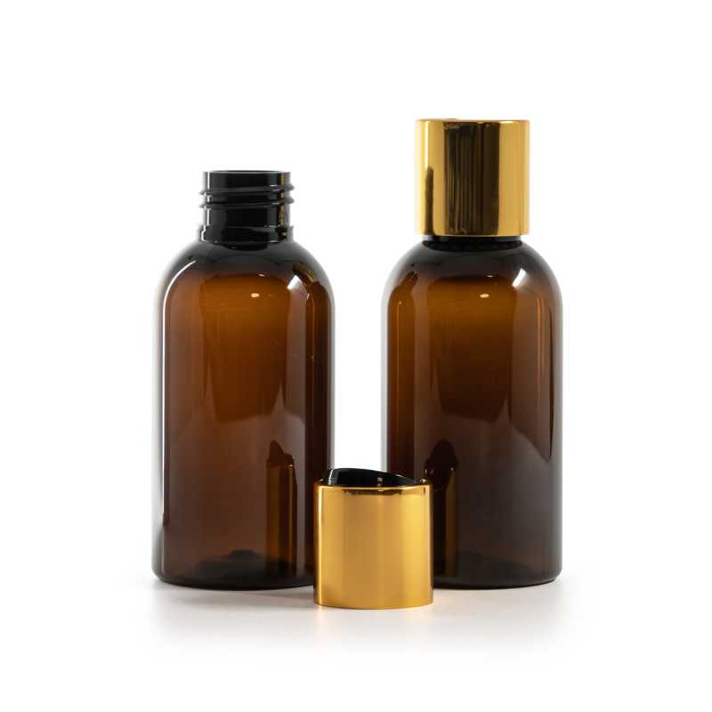 Flacone di plastica marrone, tappo disc-top dorato con inserto nero, 100 ml