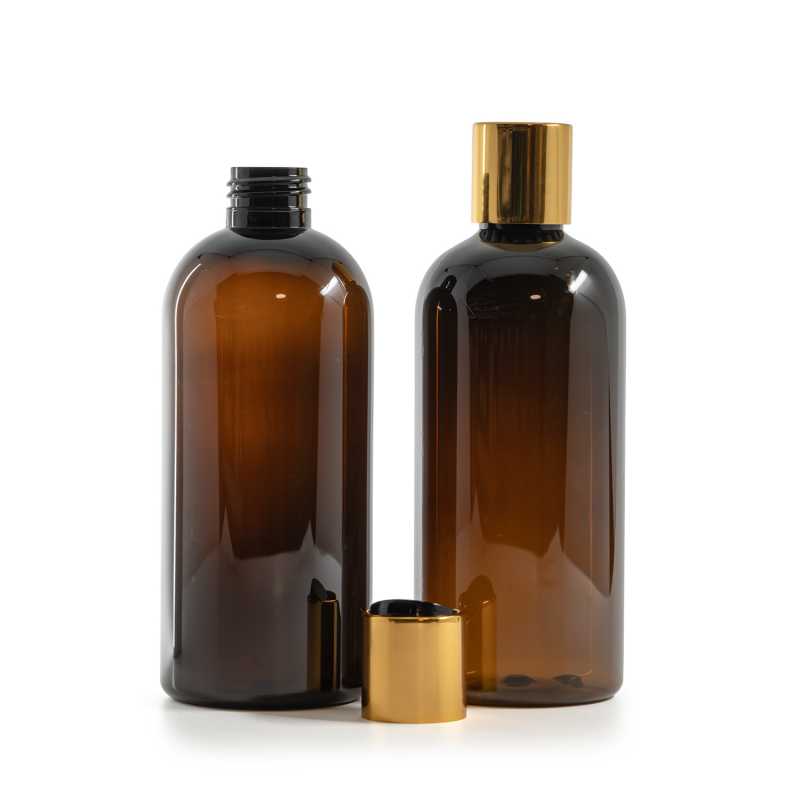 Bottiglia di plastica ambra, tappo disc-top dorato con inserto nero, 300 ml
