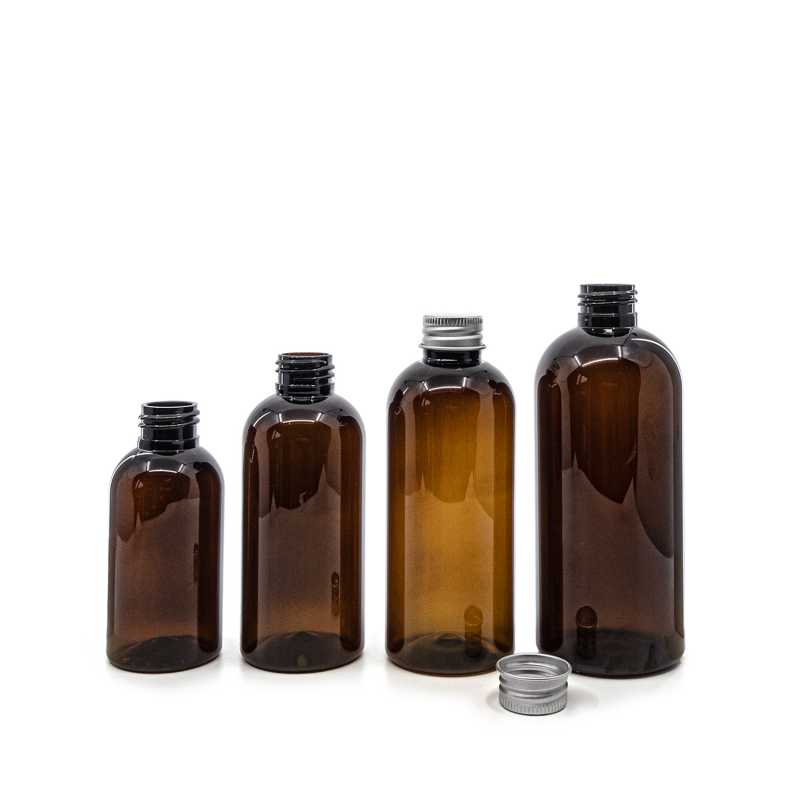 Bottiglia di plastica marrone, tappo in alluminio, 200 ml