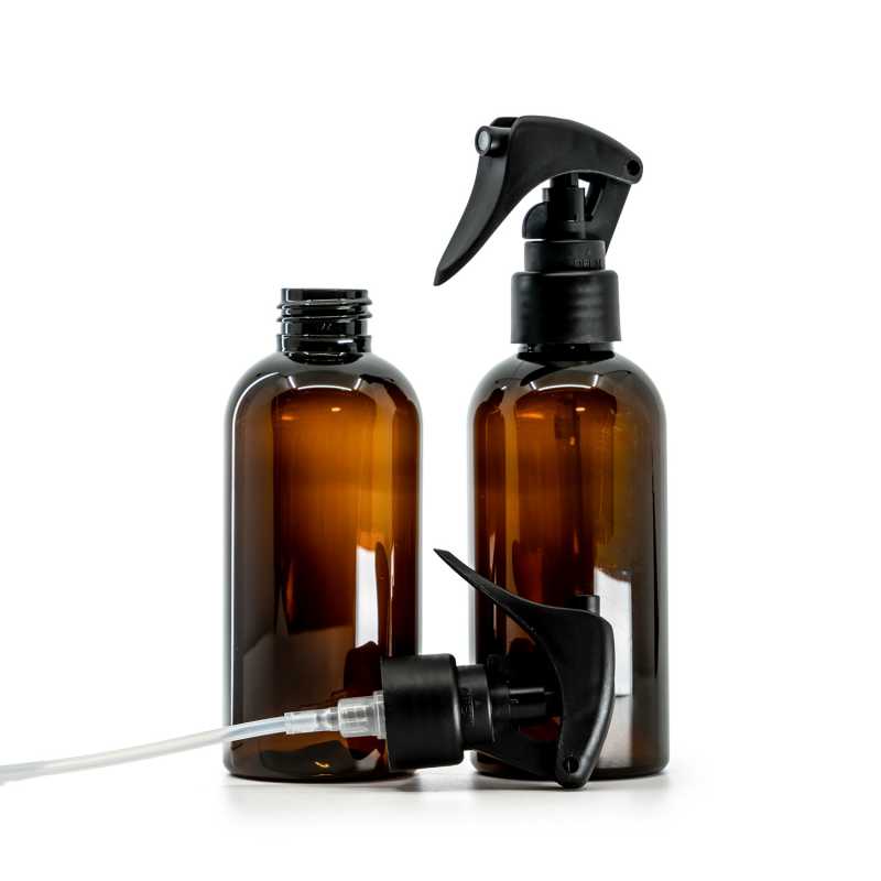 Bottiglia di plastica marrone, spruzzatore a grilletto nero opaco, anello liscio, 150 ml