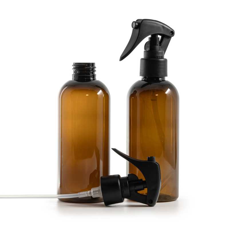 Bottiglia di plastica marrone, spruzzatore a grilletto nero opaco, anello liscio, 200 ml