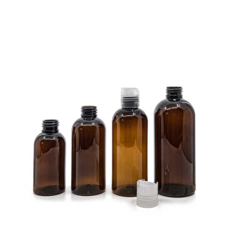 Bottiglia di plastica marrone, tappo disc-top trasparente, 300 ml