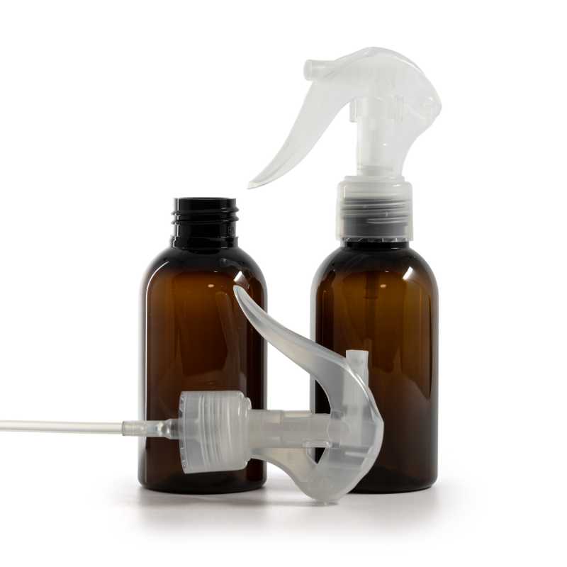 Flacone di plastica ambra, spruzzatore a grilletto trasparente, 100 ml