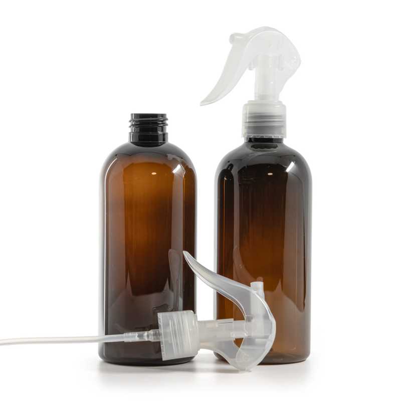 Bottiglia di plastica marrone, spruzzatore a grilletto trasparente, 300 ml
