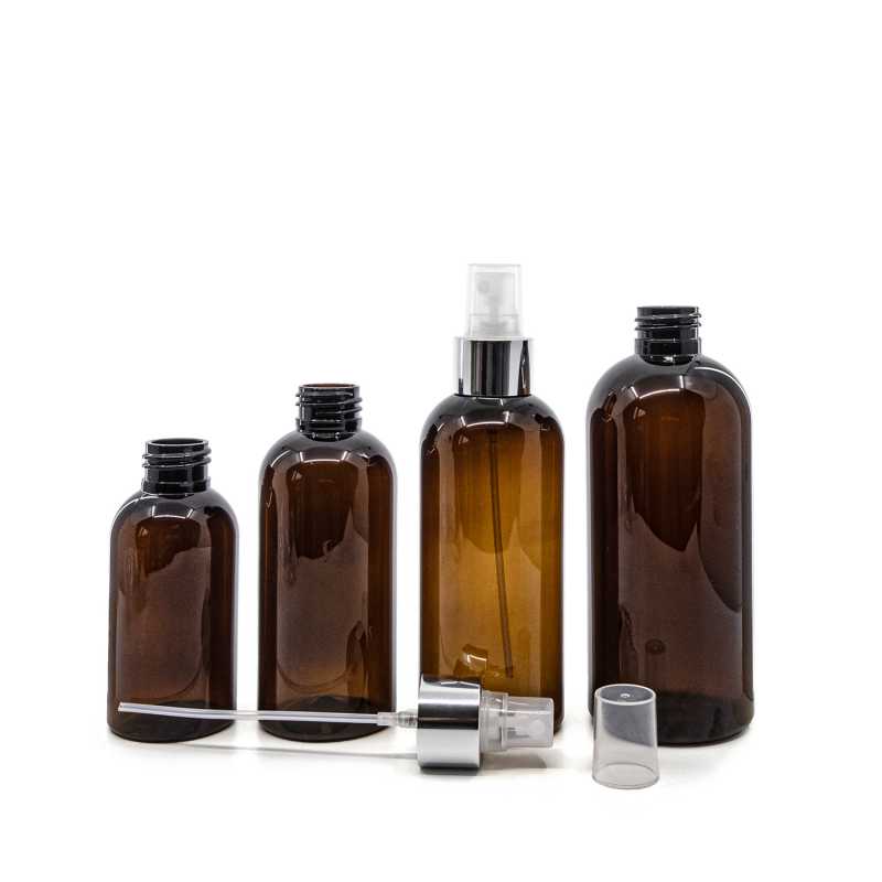 Bottiglia di plastica marrone, spruzzatore trasparente, anello argento lucido, 300 ml