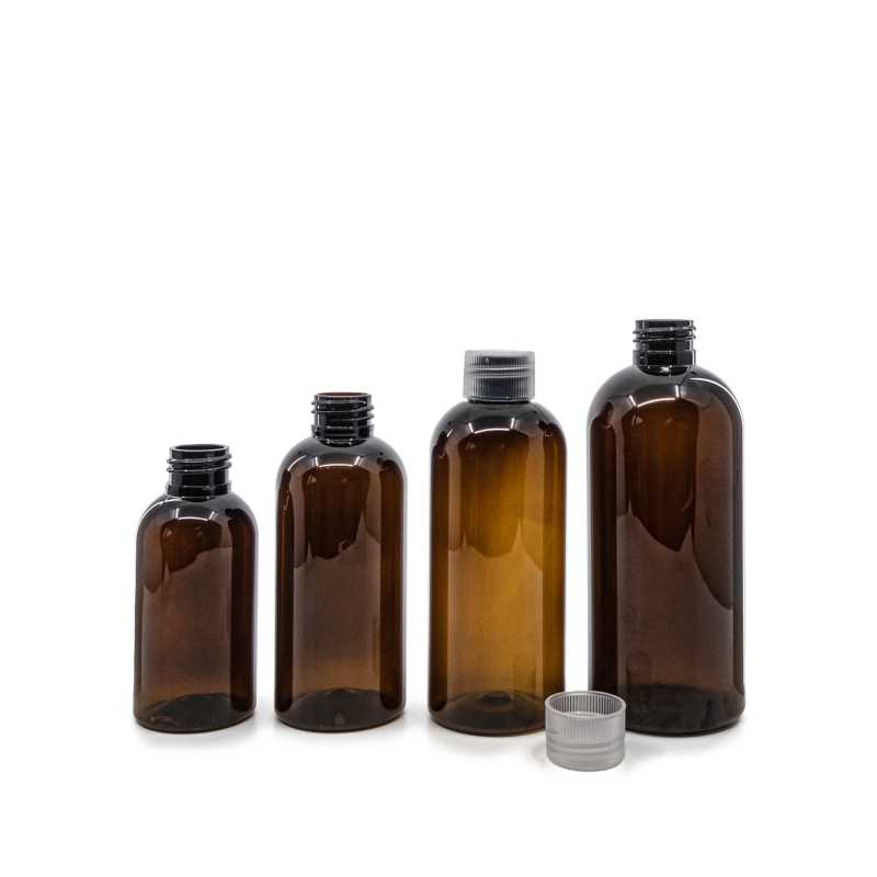 Bottiglia di plastica ambra, tappo trasparente, 300 ml