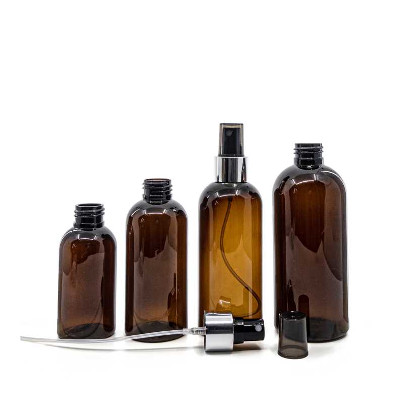 Bottiglia di plastica marrone, spruzzatore nero, anello argento lucido, 200 ml
