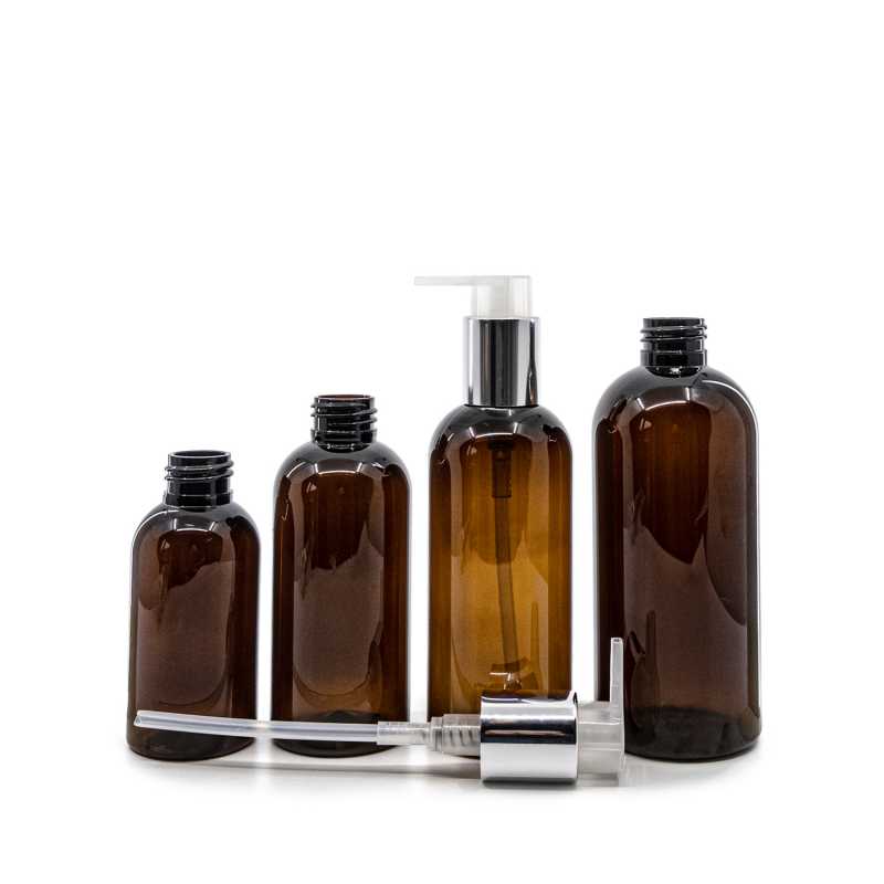 Bottiglia di plastica ambra, pompa argentata, 150 ml