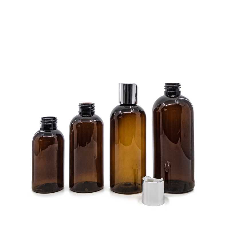 Flacone di plastica ambra, tappo disc-top argentato, 100 ml