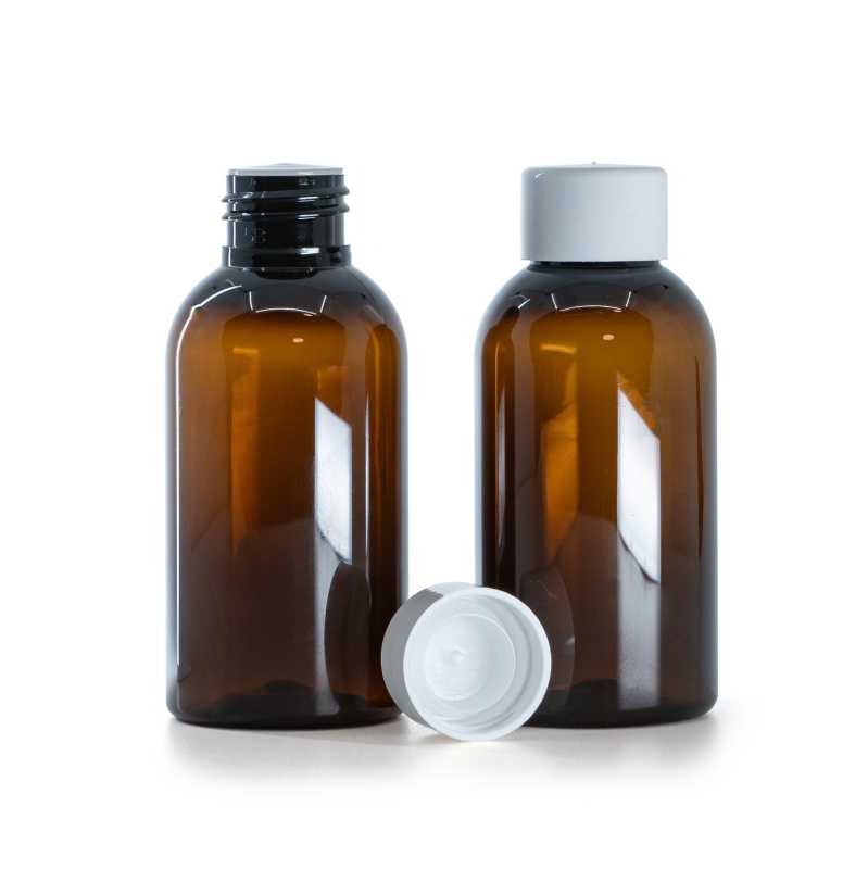 Flacone di plastica ambra, tappo bianco liscio con riduttore, 100 ml