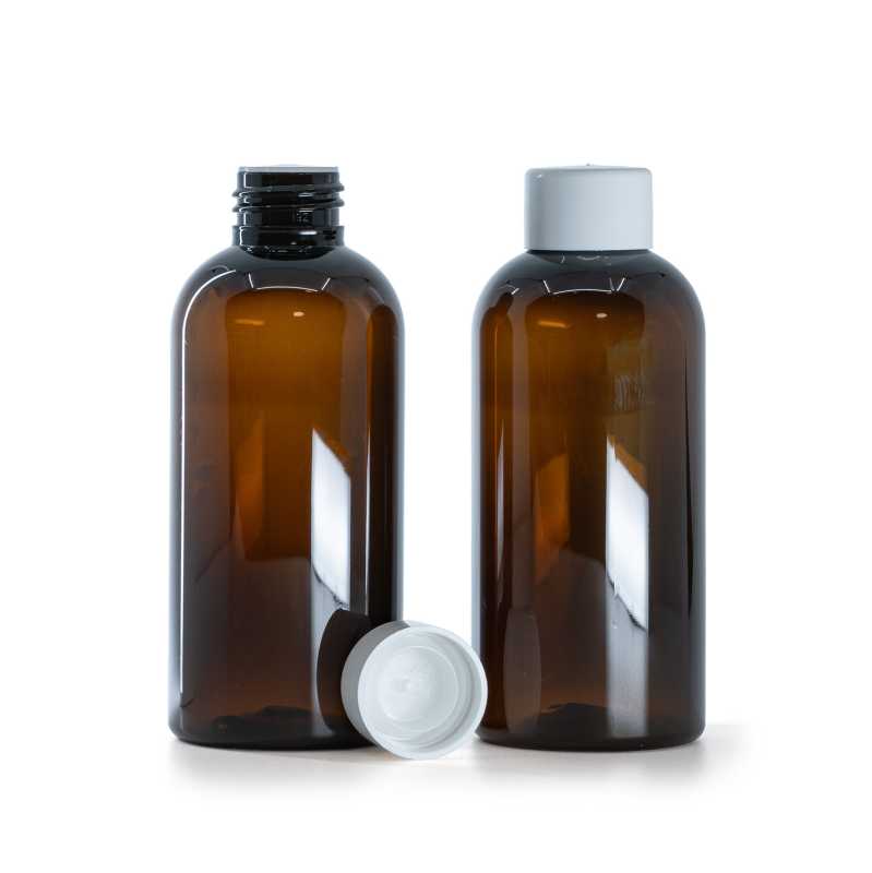 Bottiglia di plastica ambra, tappo bianco liscio con riduttore, 150 ml