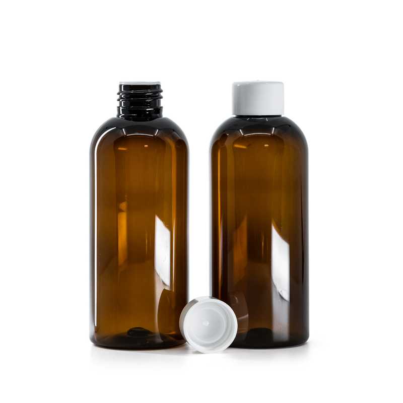 Bottiglia di plastica ambra, tappo bianco liscio con riduttore, 200 ml