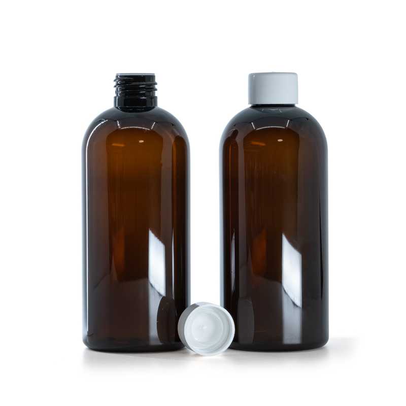 Bottiglia di plastica marrone, tappo bianco liscio con riduttore, 300 ml