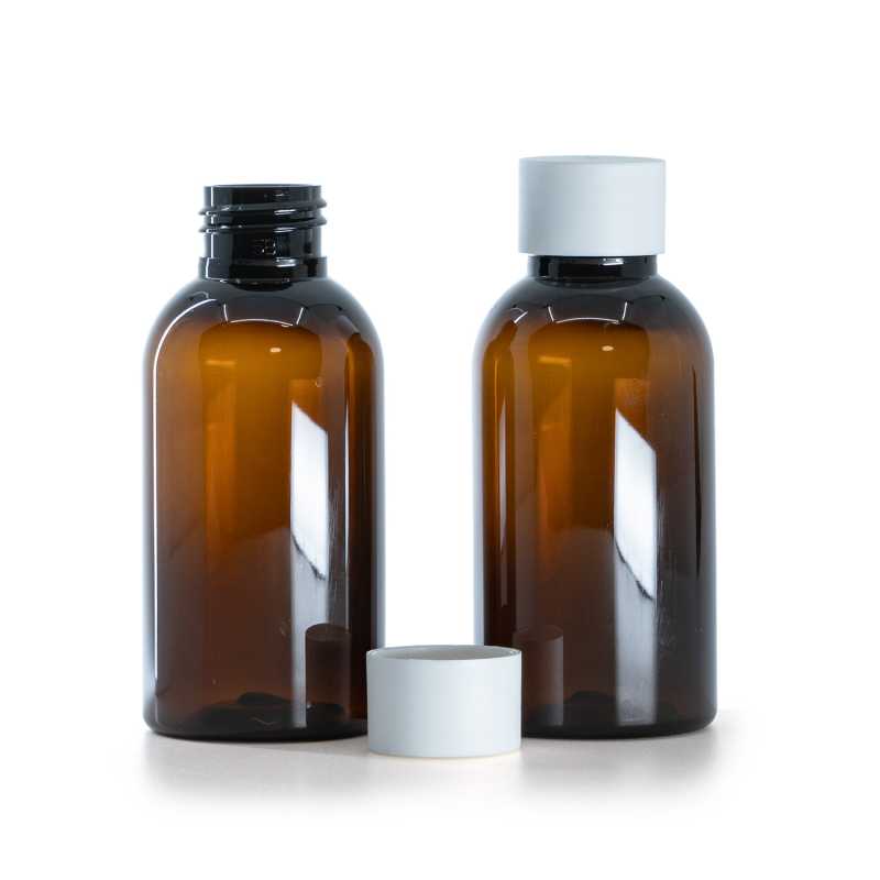 Flacone di plastica ambra, tappo bianco opaco, 100 ml