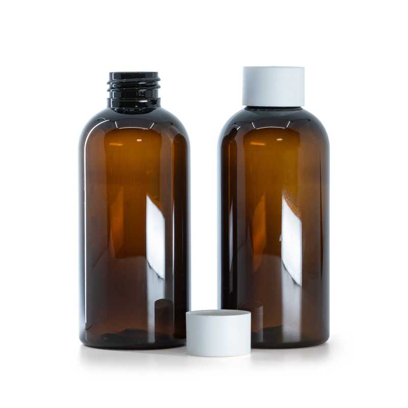 Bottiglia di plastica marrone, tappo bianco opaco, 150 ml