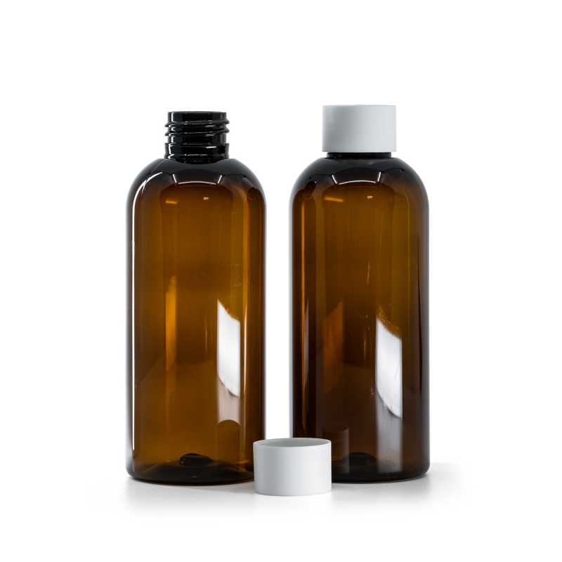 Bottiglia di plastica ambrata, 200 ml, tappo bianco opaco