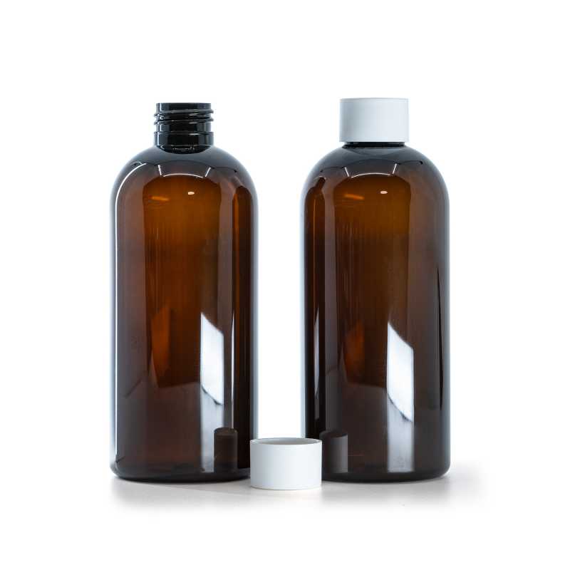 Bottiglia di plastica ambra, tappo bianco opaco, 300 ml