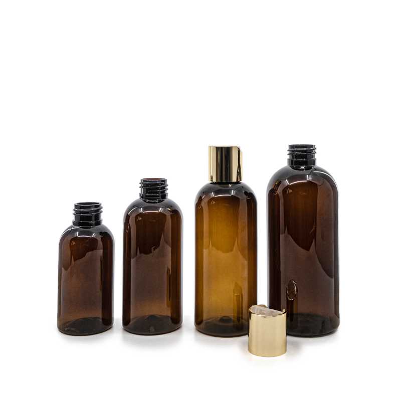 Bottiglia di plastica marrone, tappo disc-top dorato, 200 ml