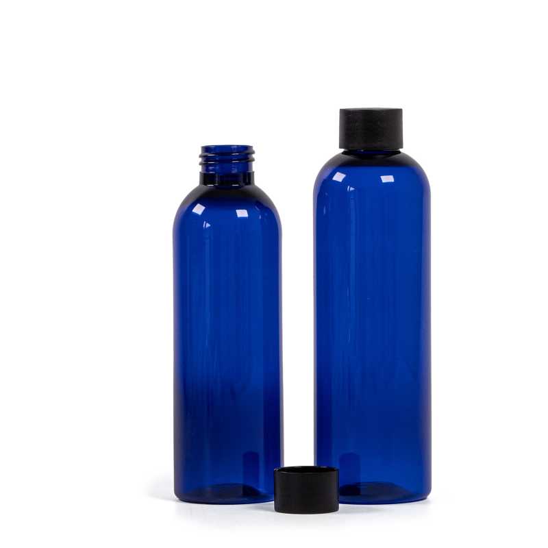 Bottiglia di plastica blu, 24/410, tappo nero opaco, 200 ml