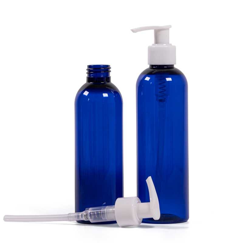 Bottiglia di plastica blu, pompa bianca, 200 ml