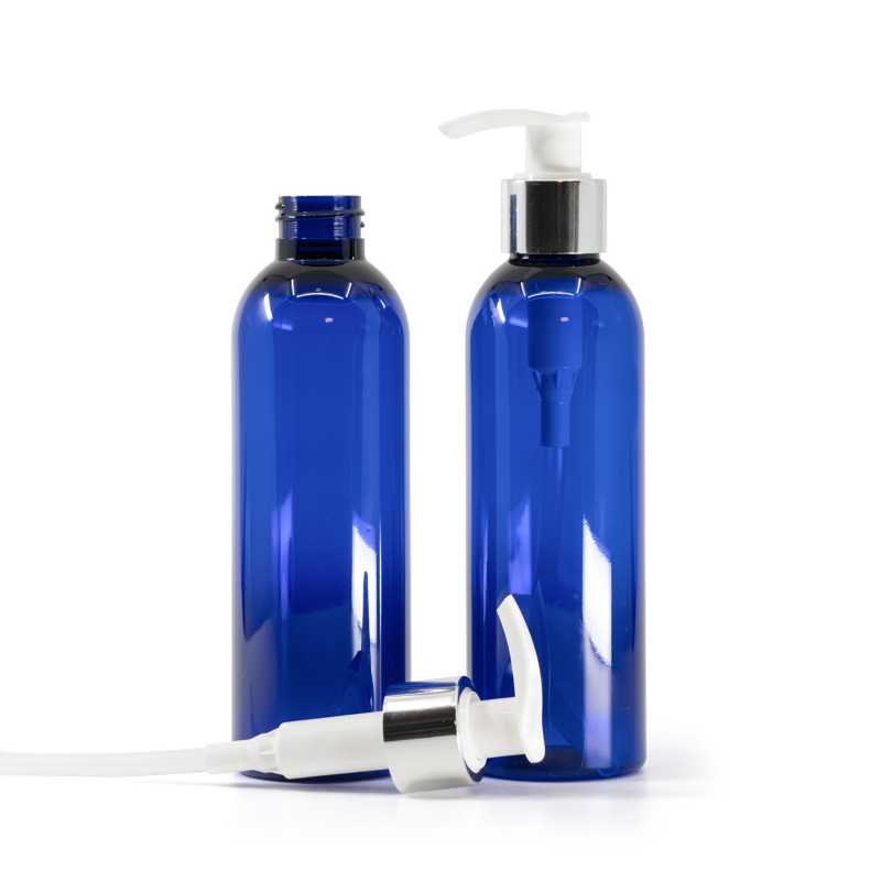 Bottiglia di plastica blu, dosatore bianco, collare liscio argentato, 200 ml